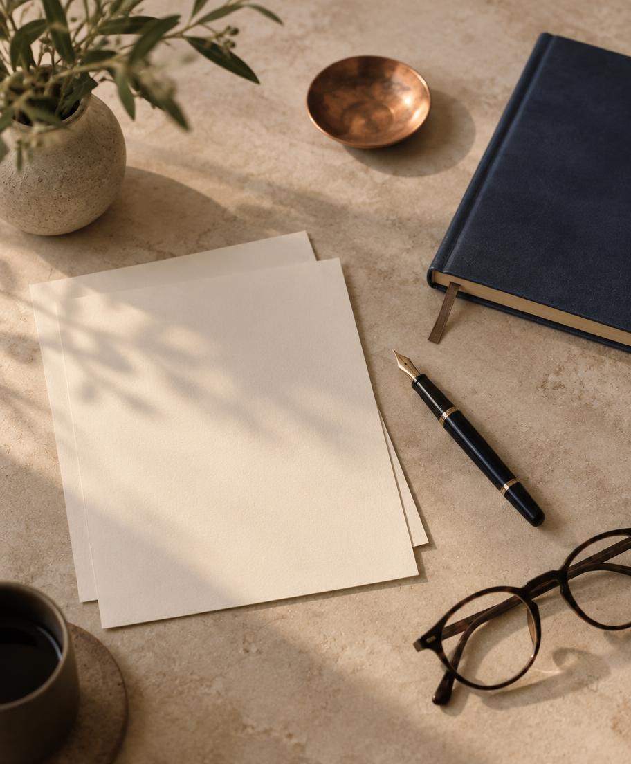 Scrivania ordinata con fogli bianchi, taccuino chiuso, penna e occhiali da lettura
