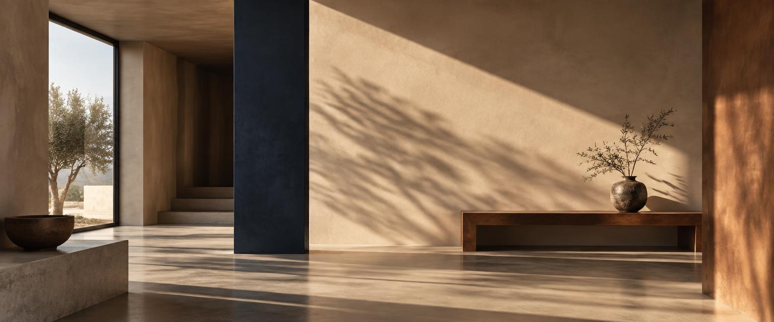 Interno architettonico essenziale con luce radente che disegna ombre su una parete chiara