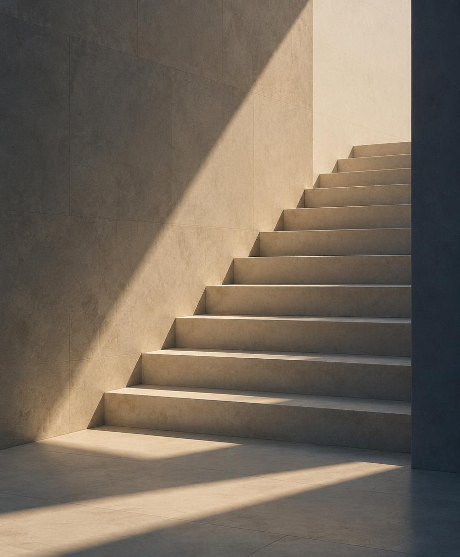 Scala in pietra chiara illuminata da una luce calda e radente